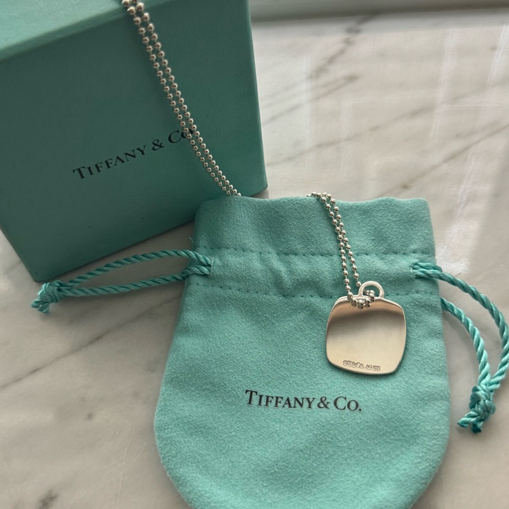 Tiffany & Co. Sterling Silver Square Tag Key Chain Pendant Necklace